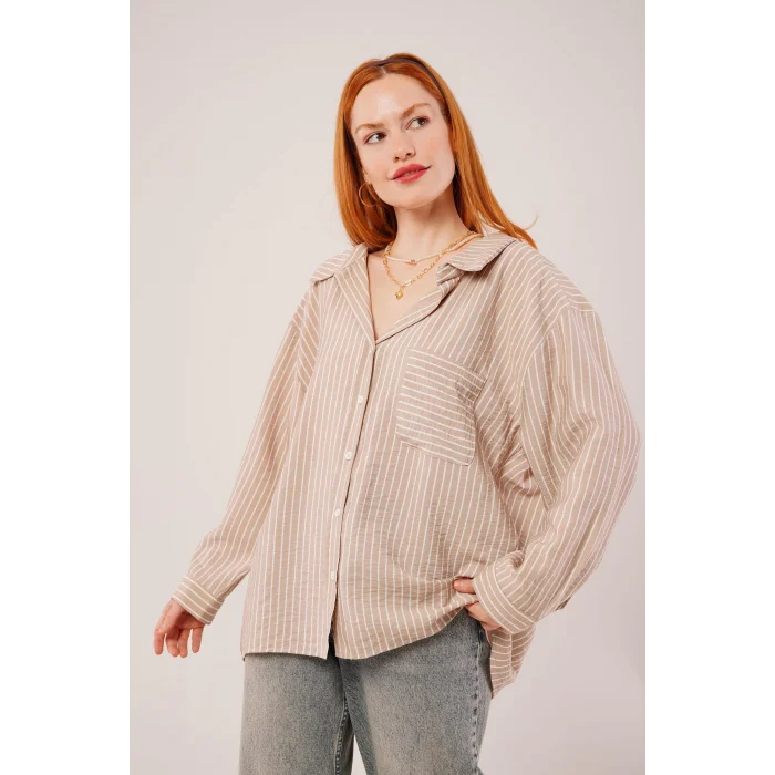 Çizgi Detaylı Cepli Camel Gömlek