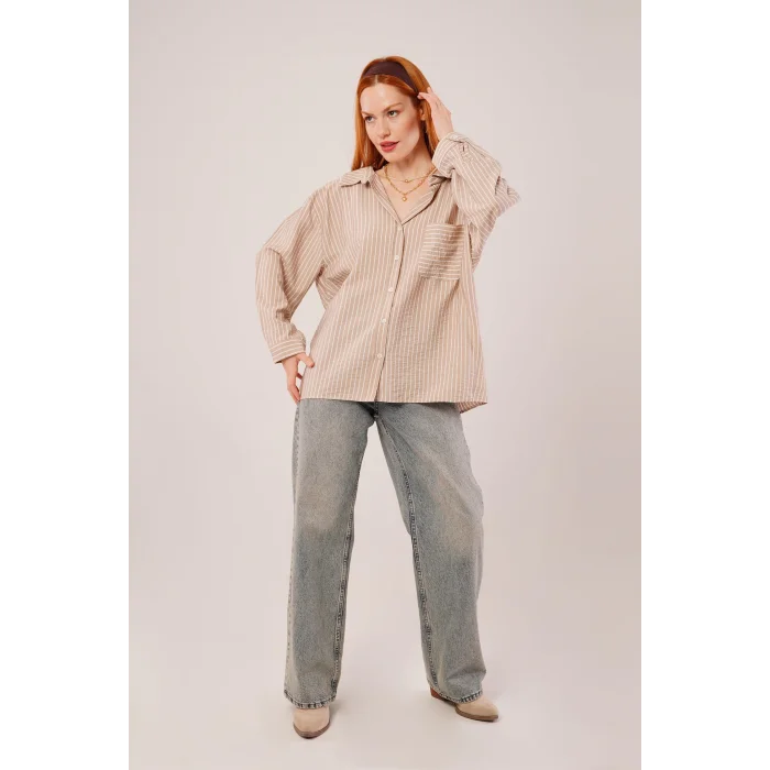 Çizgi Detaylı Cepli Camel Gömlek