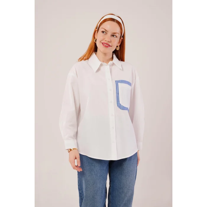 Çizgili Cep Detaylı Beyaz Gömlek