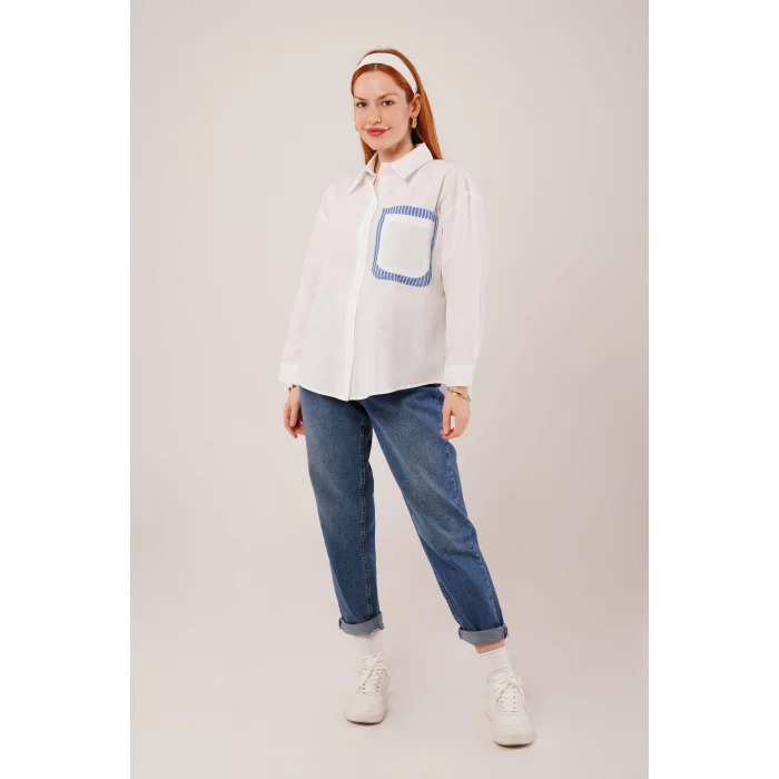 Çizgili Cep Detaylı Beyaz Gömlek