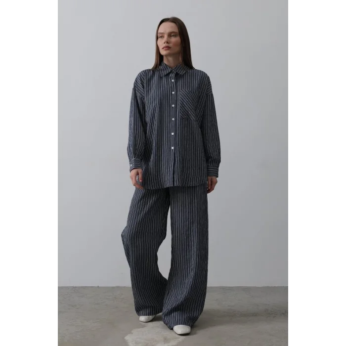 Çizgili Cep Detaylı Oversize Takım - Lacivert