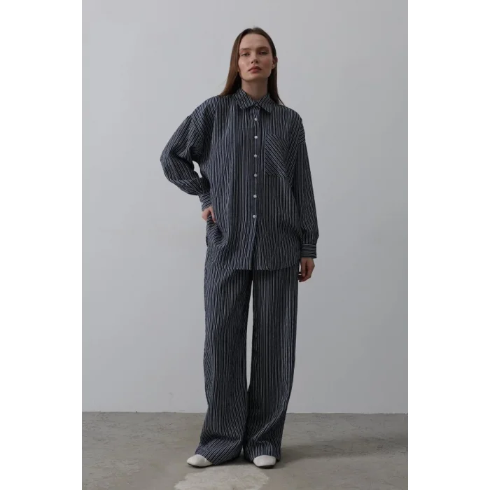 Çizgili Cep Detaylı Oversize Takım - Lacivert