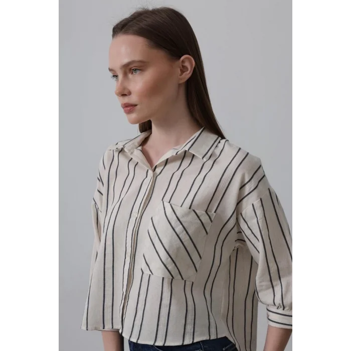 Çizgili Kısa Gömlek - Bej-Lacivert