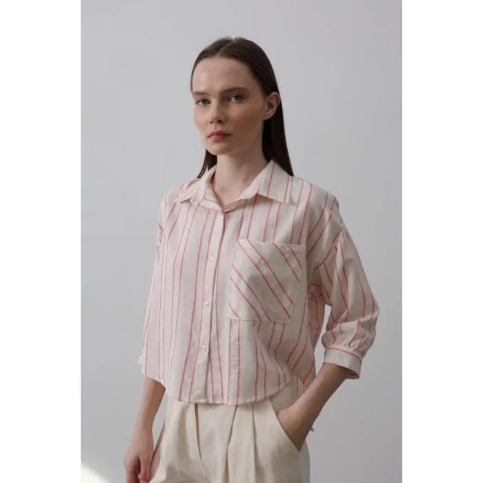 Çizgili Kısa Gömlek - Bej Pembe