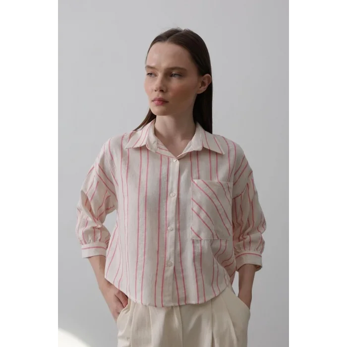 Çizgili Kısa Gömlek - Bej Pembe