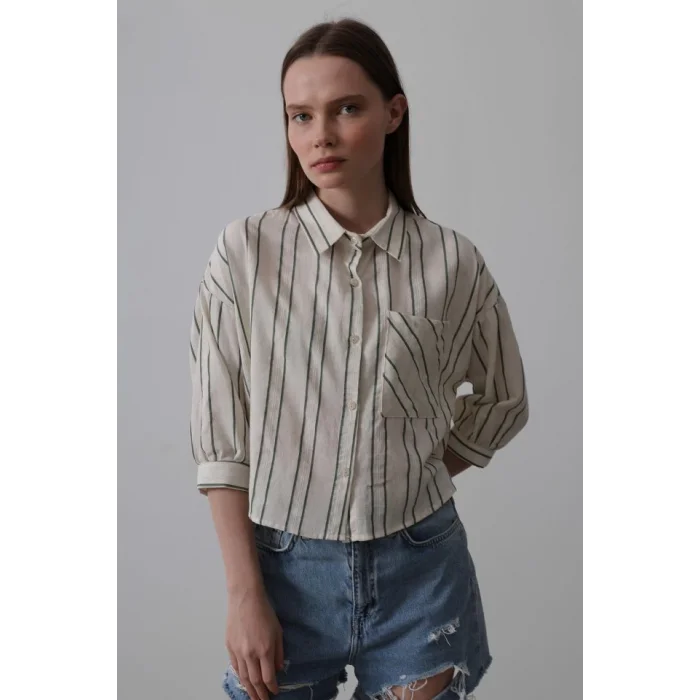 Çizgili Kısa Gömlek - Bej-Yeşil