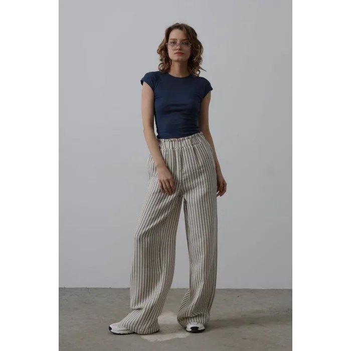 Çizgili Pamuklu Lastikli Pantolon - Bej-Lacivert