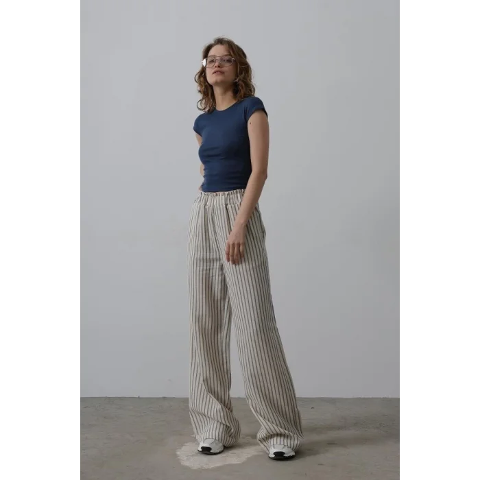 Çizgili Pamuklu Lastikli Pantolon - Bej-Lacivert