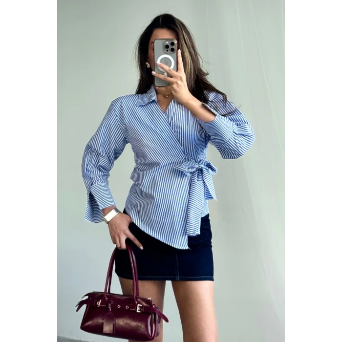 ÇİZGİLİ POPLİN KRUVAZE BAĞLAMALI GÖMLEK - Mavi