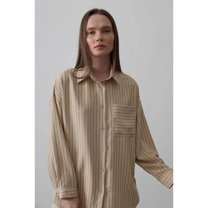 Çizgili Tek Cep Gömlek - Taş