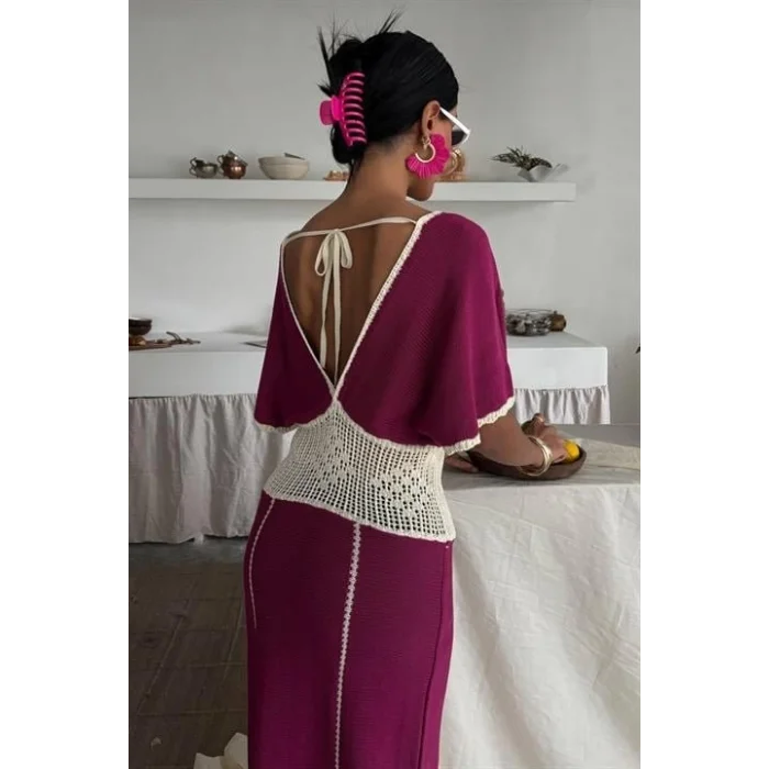 Dantel Desenli V Yaka Triko Elbise 2844