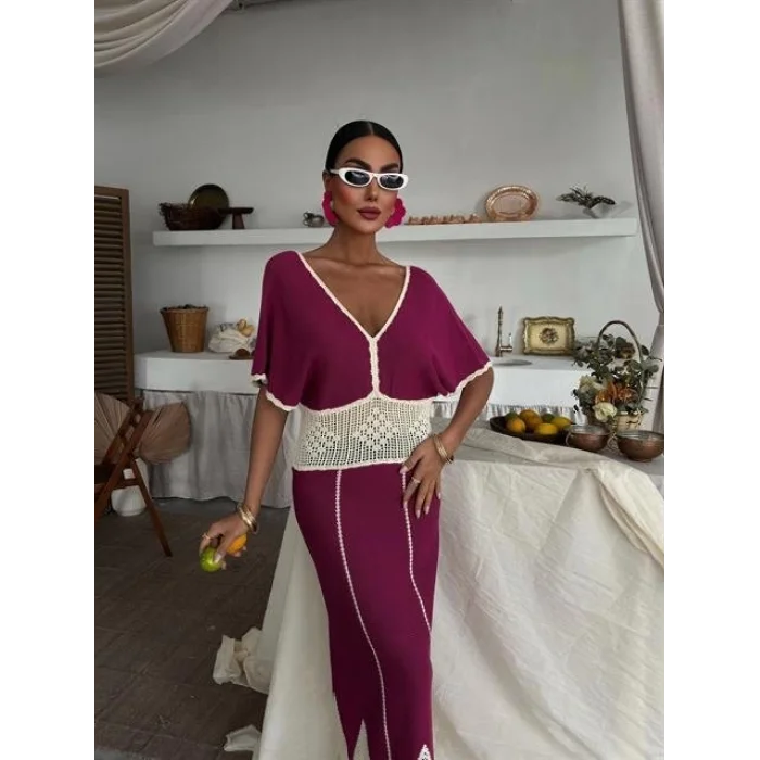 Dantel Desenli V Yaka Triko Elbise 2844