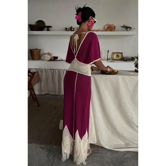 Dantel Desenli V Yaka Triko Elbise 2844