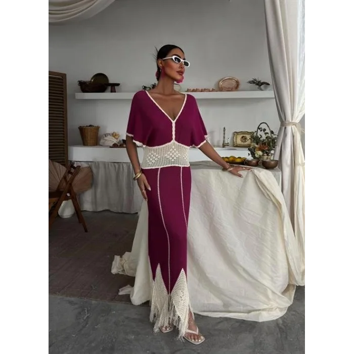 Dantel Desenli V Yaka Triko Elbise 2844