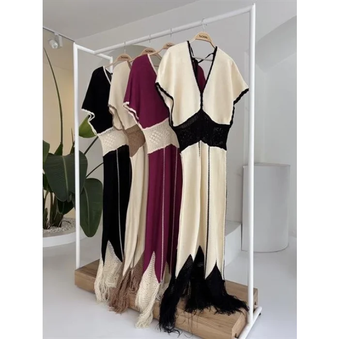 Dantel Desenli V Yaka Triko Elbise 2844