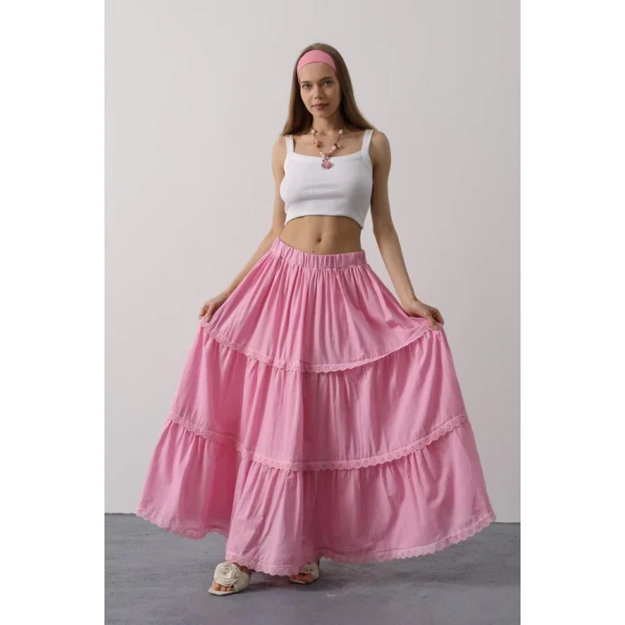 Dantel Detaylı Etek - Pembe