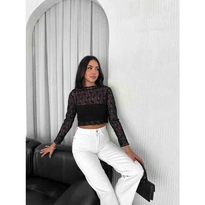Dantel Uzun Kol Bluz- Siyah