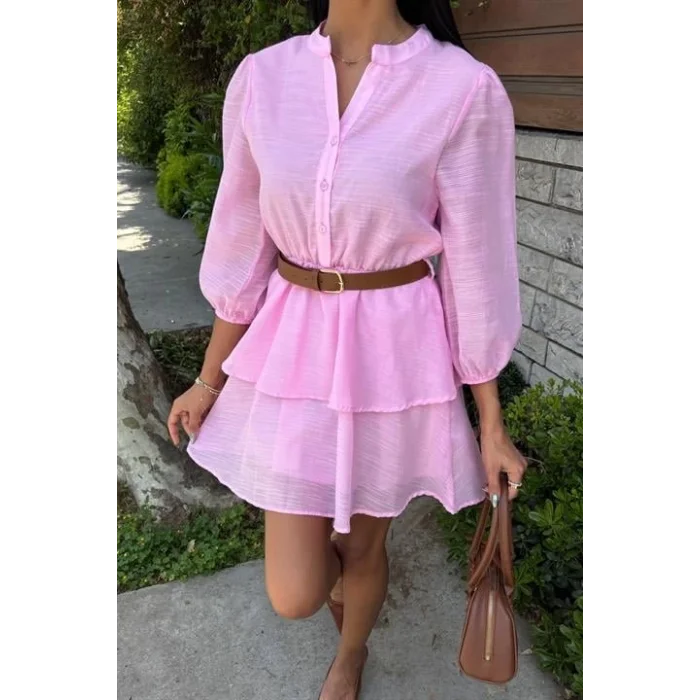 Deri Kemerli Fırfırlı Elbise 2901