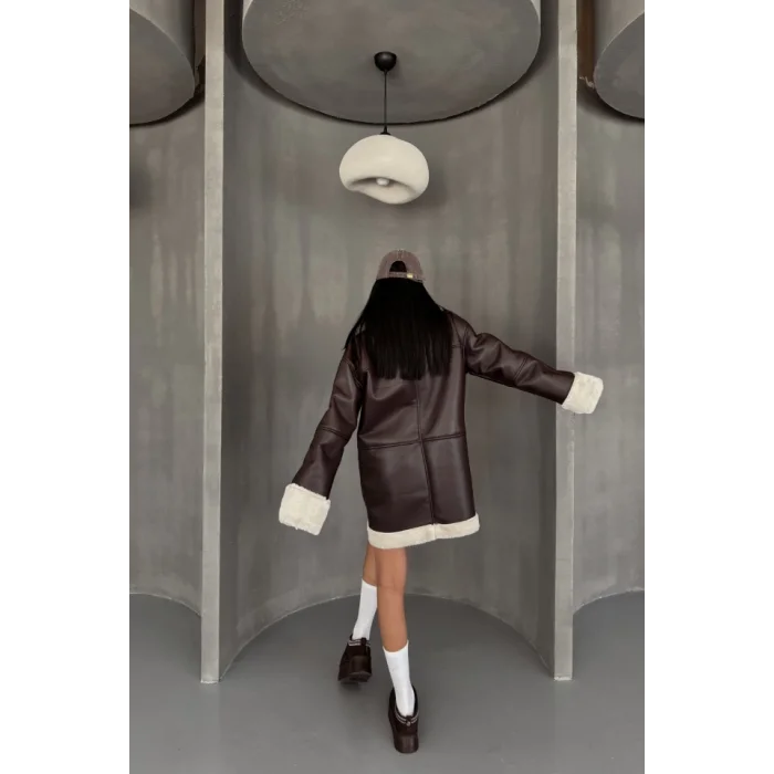 DERİ MONT KOL VE YAKA PELUŞ KAPAKSIZ CEP DETAYLI - Kahverengi