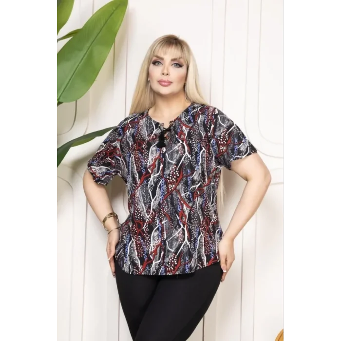 Desenli Püsküllü Viskon Bluz Bebe Yaka Kısa Kollu Big Size Rahat Kesim - Desenli