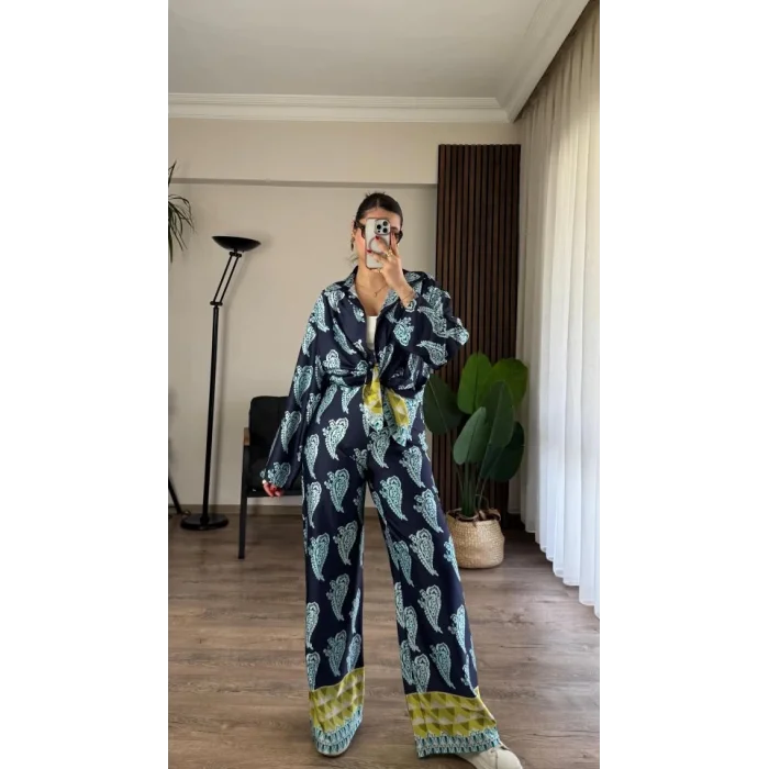 Desenli Saten Bol Takım - İndigo