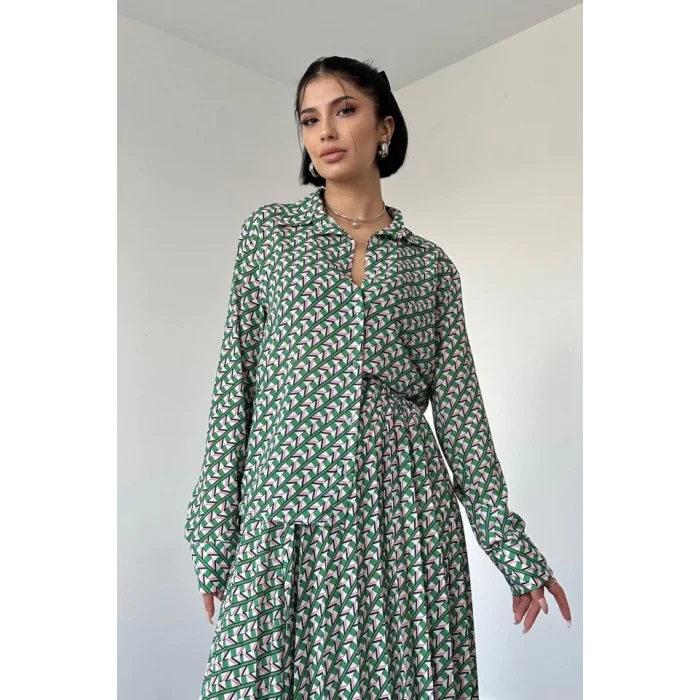 Desenli Viskon Gömlek Ve Etek Takım - Yeşil