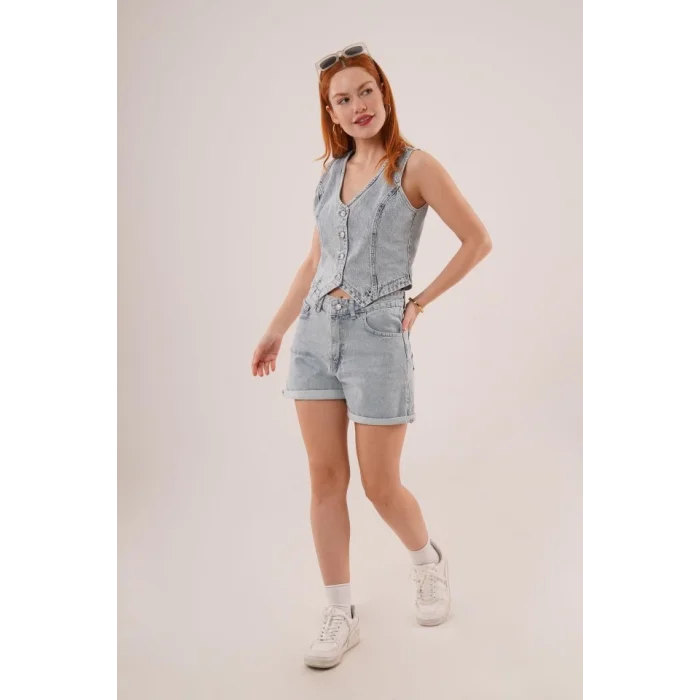 Düğme Ve Ön Dikiş Detaylı Mavi Jean Yelek