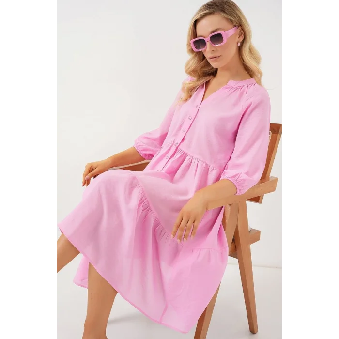 Düğmeli Kısa Kol Elbise 2559 - Pembe