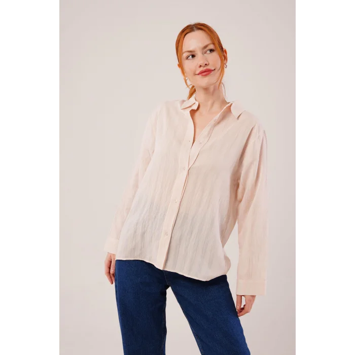 Düğmeli Ve Çizgi Detaylı Krem Gömlek