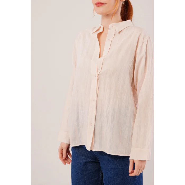 Düğmeli Ve Çizgi Detaylı Krem Gömlek