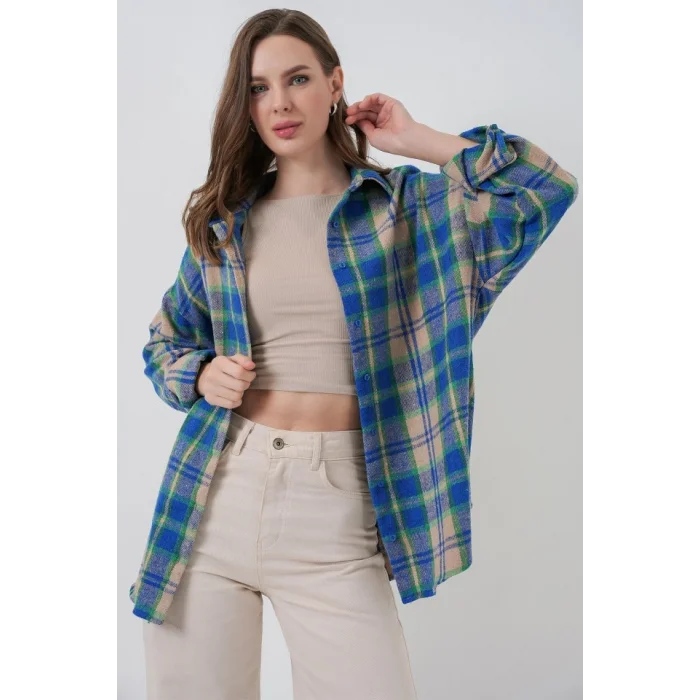 Ekose Desen Oversize Oduncu Gömlek 3854 Mavi Gri