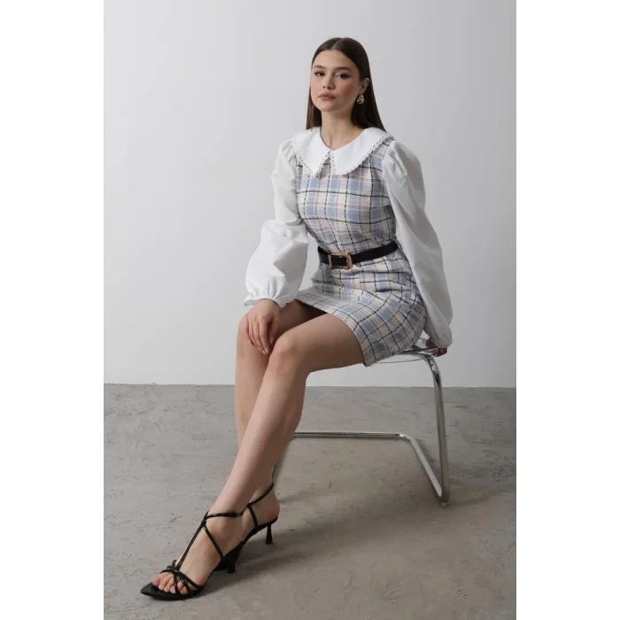 Ekoseli Gömlek Detaylı Elbise - Mavi