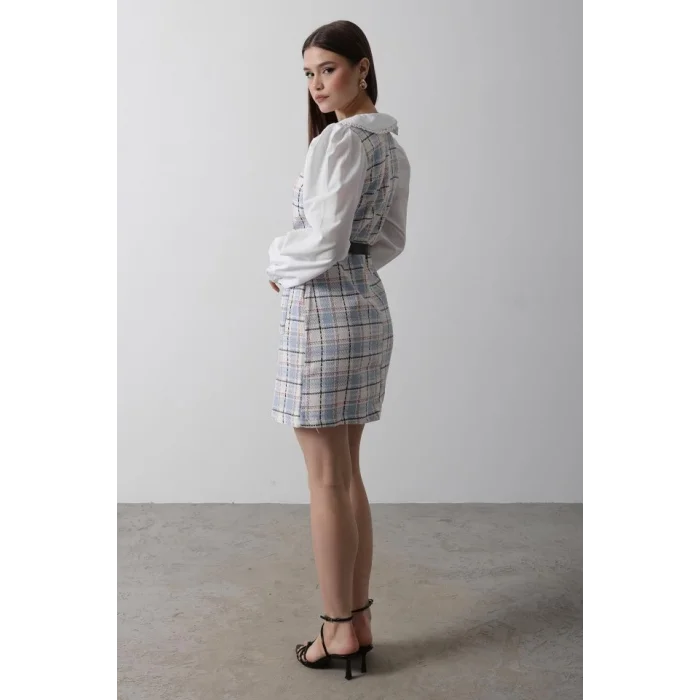 Ekoseli Gömlek Detaylı Elbise - Mavi