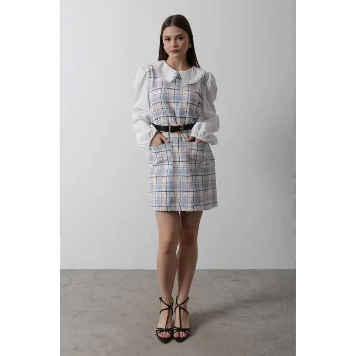 Ekoseli Gömlek Detaylı Elbise - Mavi