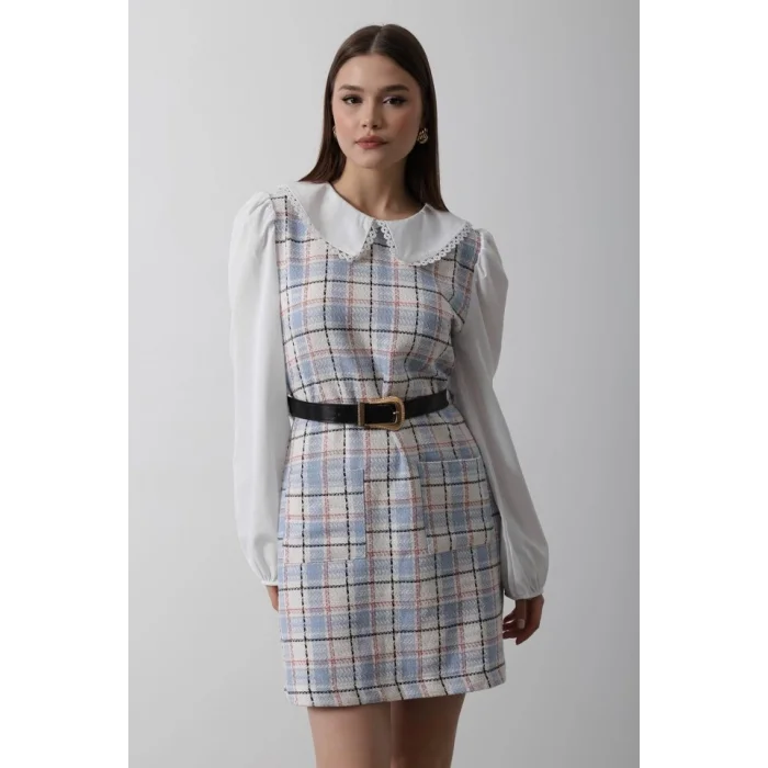 Ekoseli Gömlek Detaylı Elbise - Mavi