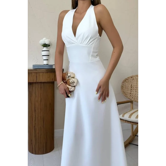 Ekru Atlas Göğüs Kuplu Elbise