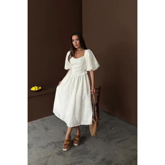 Ekru Balon Kollu Dantelli Brode Elbise