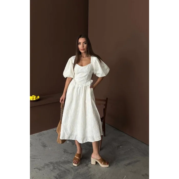 Ekru Balon Kollu Dantelli Brode Elbise