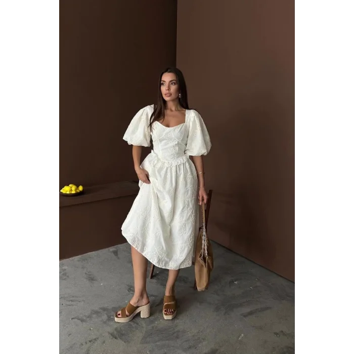 Ekru Balon Kollu Dantelli Brode Elbise