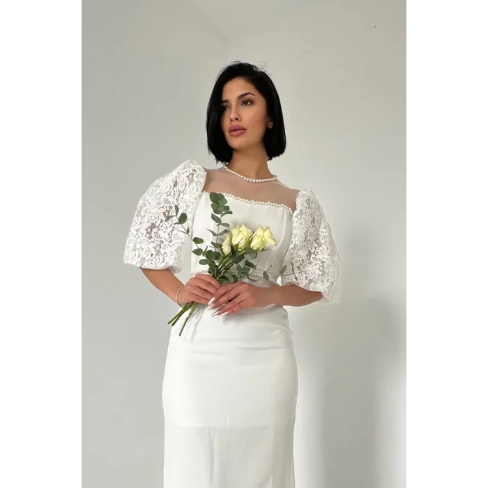 Ekru İncili Tül Detay Elbise