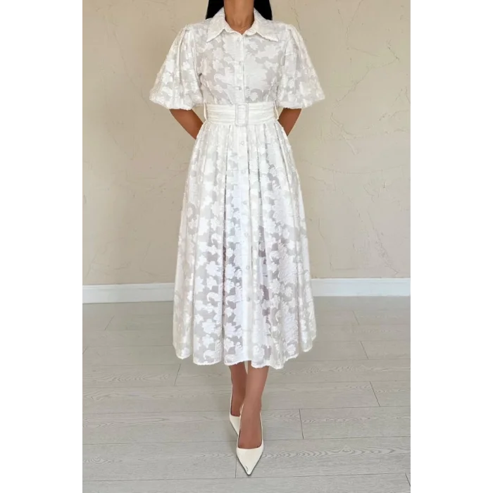 Ekru Kemerli Balon Kollu Elbise