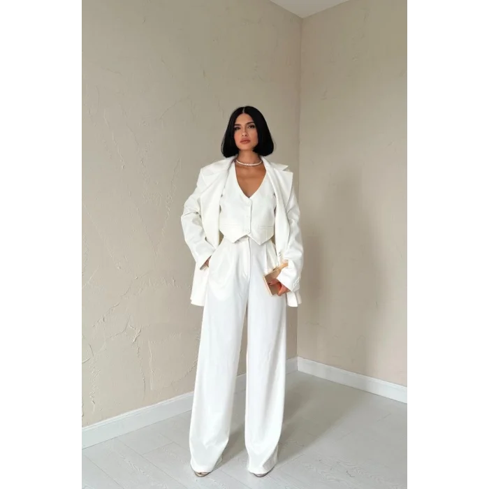 Ekru Klas Ceket Ve Yelek Ve Pantolon Takım