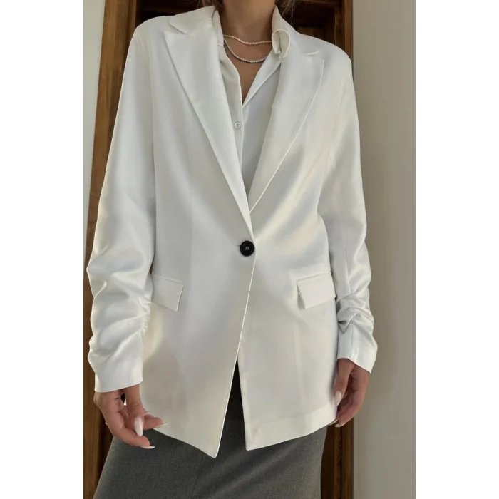 Ekru Kol Ucu Büzgülü Atlas Ceket