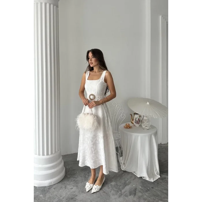 Ekru Kuplu Uzun Elbise