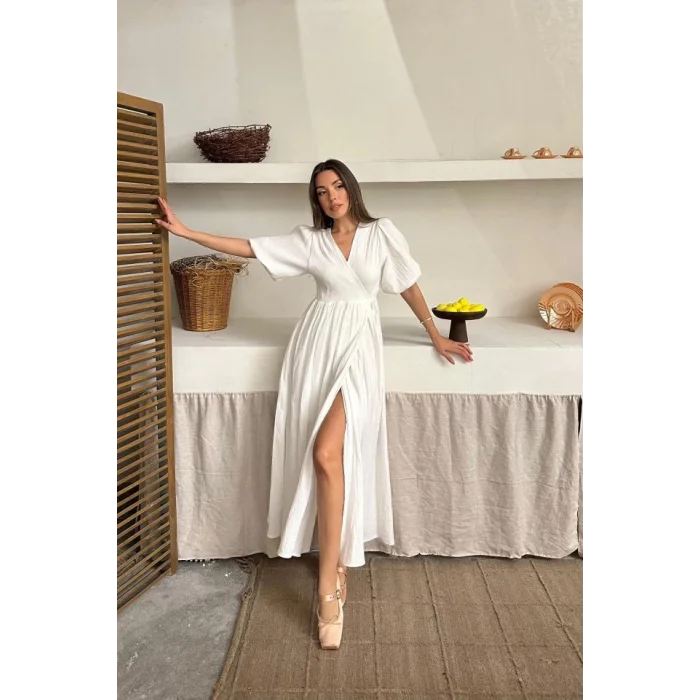 Ekru Müslin Uzun Elbise