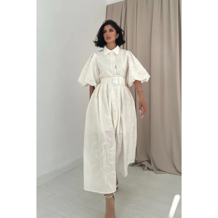 Ekru Pileli Balkon Elbise