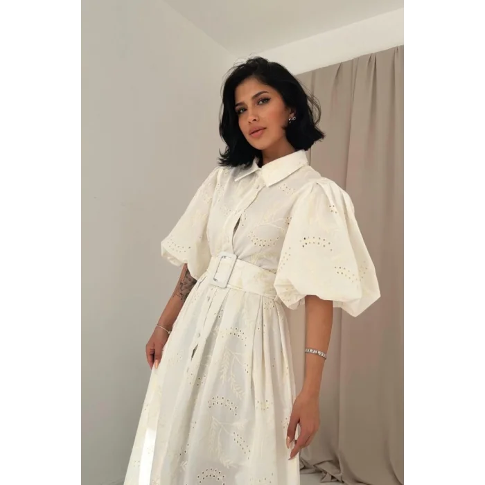 Ekru Pileli Balkon Elbise