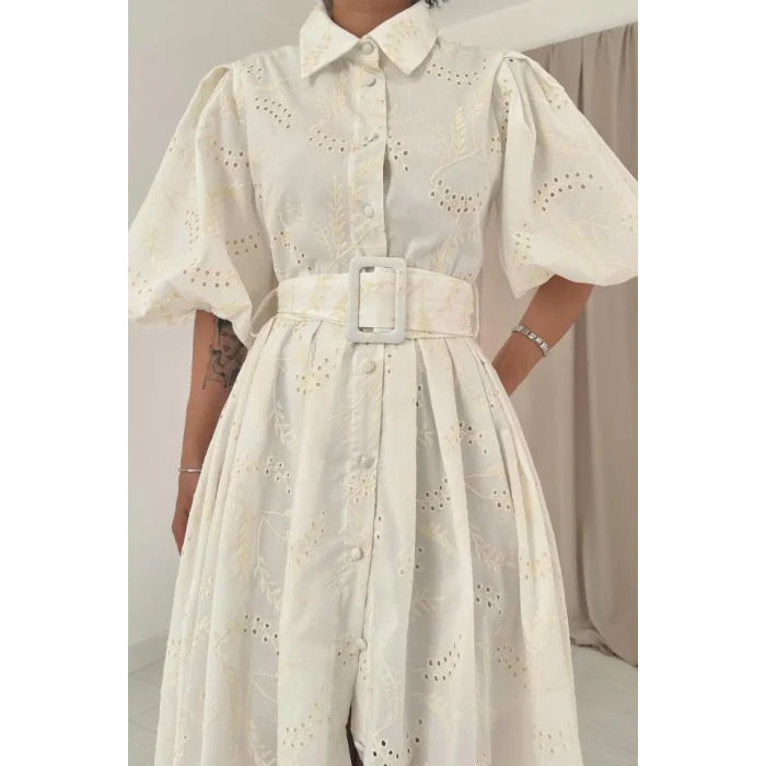 Ekru Pileli Balkon Elbise