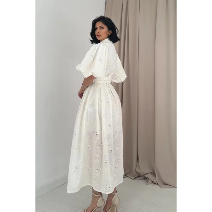 Ekru Pileli Balkon Elbise