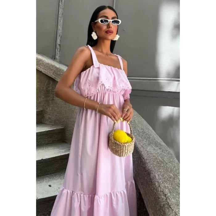 Etek Ucu Brode Nakışlı Boyundan Bağlamalı Elbise 2881